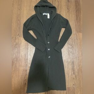Ribbed Hooded Button-Front Knit Dress